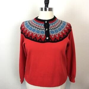 Vintage Granny Chic Fair Isle Sweater Knit Sweatshirt Combo Retro Red Holiday